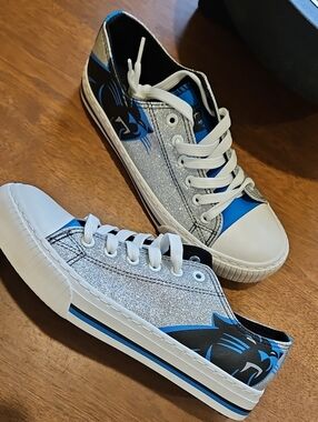 Women's Low-Top Athletic Sneakers in Blue and Silver Glitter CAROLINA PANTHERS